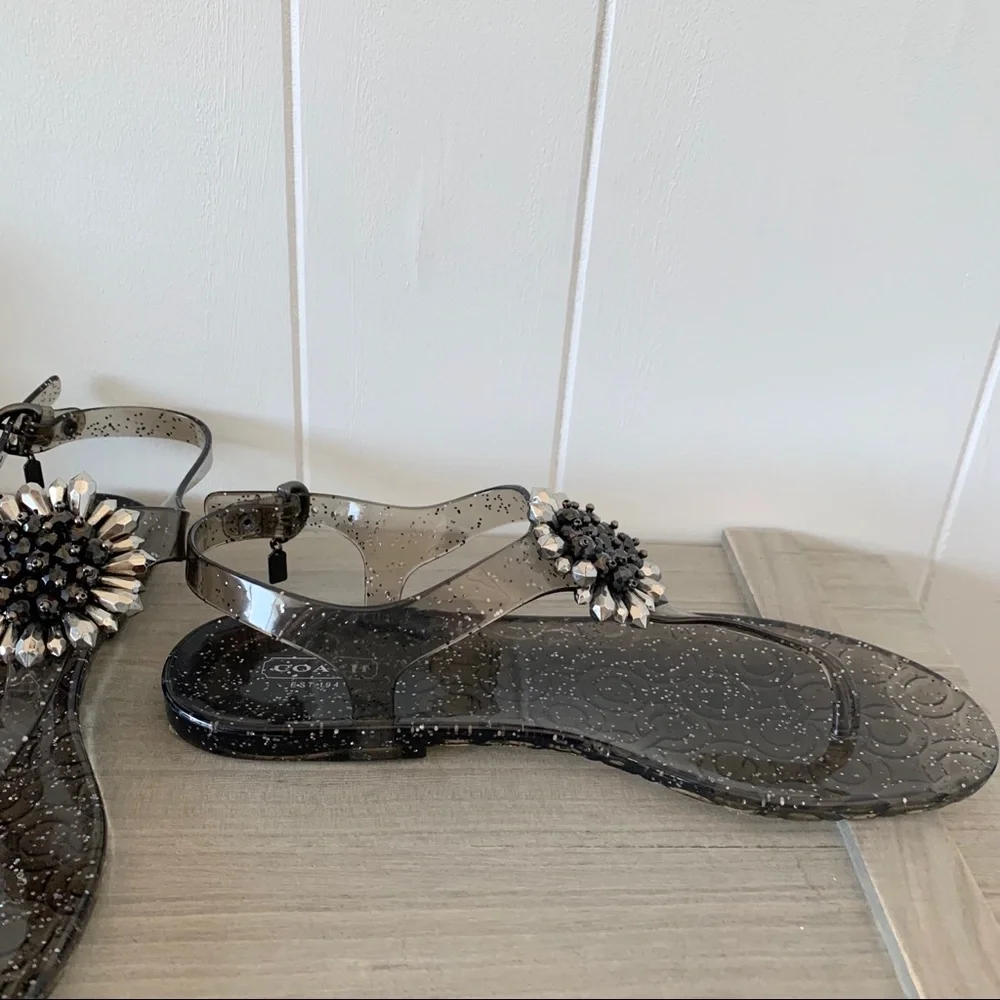 Coach Smoky Black Jelly Sandals with Crystal Flower Accent